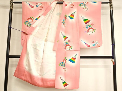 平和屋着物[]七五三　女の子　７歳　祝着　四つ身　舞扇花文　暈し染め　正絹　逸品　AABK9193ja