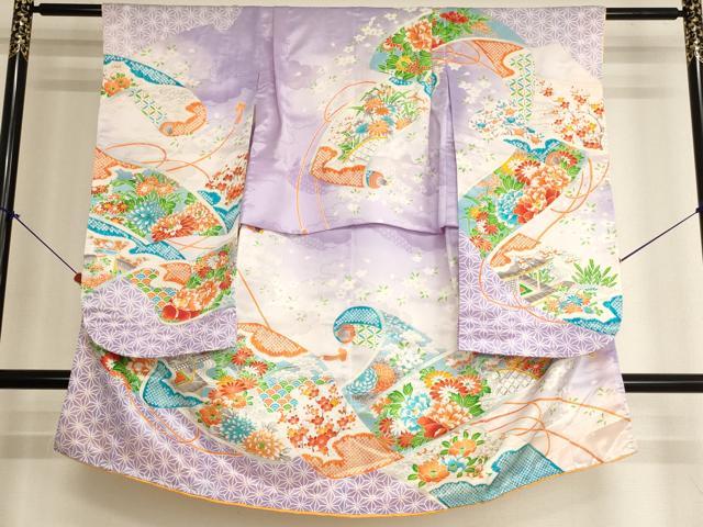 平和屋着物[]七五三　女の子　5歳　祝着　三つ身　駒刺繍　絵巻風景花文　暈し染め　金彩　AABK9194ja