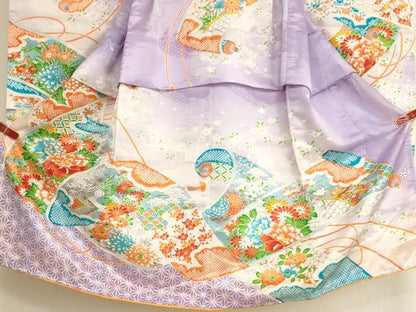 平和屋着物[]七五三　女の子　5歳　祝着　三つ身　駒刺繍　絵巻風景花文　暈し染め　金彩　AABK9194ja
