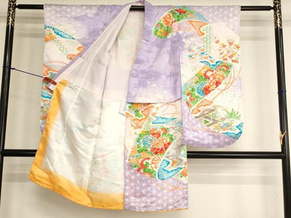 平和屋着物[]七五三　女の子　5歳　祝着　三つ身　駒刺繍　絵巻風景花文　暈し染め　金彩　AABK9194ja