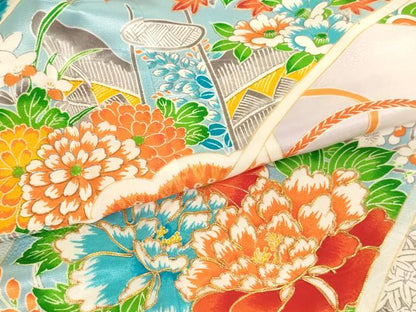 平和屋着物[]七五三　女の子　5歳　祝着　三つ身　駒刺繍　絵巻風景花文　暈し染め　金彩　AABK9194ja