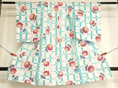平和屋着物＊夏物　浴衣　子供　女の子　注染　草花文　蜻蛉　綿　逸品　AABK9197ja