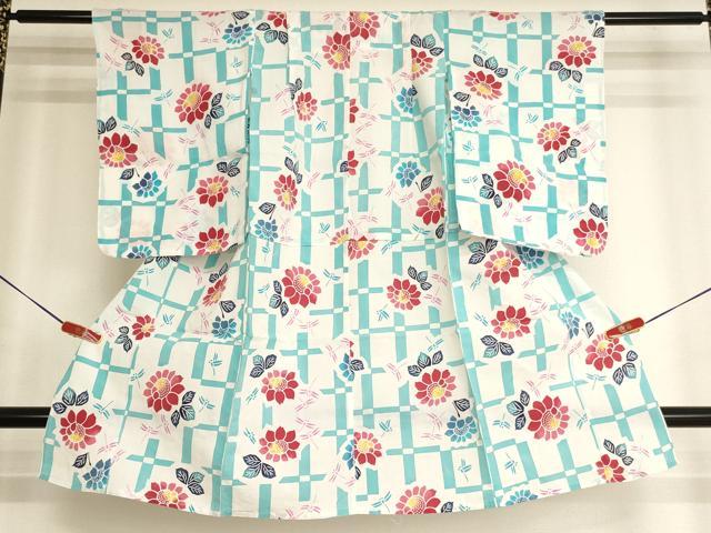 平和屋着物＊夏物　浴衣　子供　女の子　注染　草花文　蜻蛉　綿　逸品　AABK9197ja