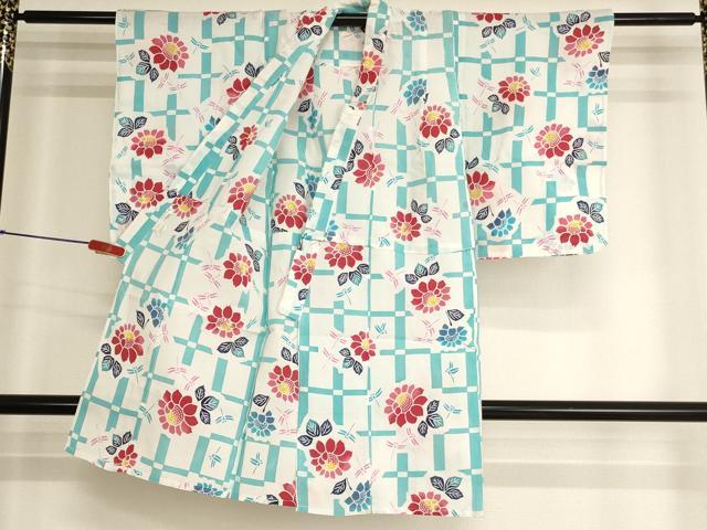 平和屋着物＊夏物　浴衣　子供　女の子　注染　草花文　蜻蛉　綿　逸品　AABK9197ja