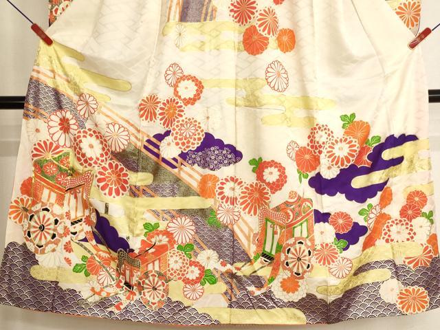 平和屋着物∵女の子　十三参り　子供　祝着　駒刺繍　御所車花文　金彩　正絹　逸品　AABK9203ja