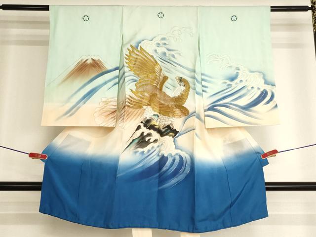 平和屋着物[]お宮参り 男の子 祝着 産着 初着 のしめ 手描き 刺繍 鷹 立波風景文 暈し染め 金銀糸 金彩 正絹 逸品 AABK9204ja