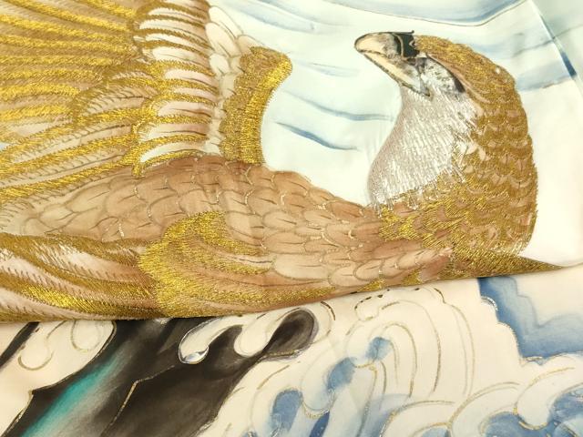 平和屋着物[]お宮参り 男の子 祝着 産着 初着 のしめ 手描き 刺繍 鷹 立波風景文 暈し染め 金銀糸 金彩 正絹 逸品 AABK9204ja