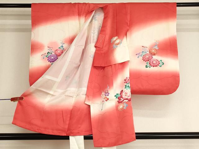 平和屋着物[]七五三　女の子　３歳　祝着　一つ身　花籠尾長鳥文　暈し染め　正絹　逸品　AABK9205ja