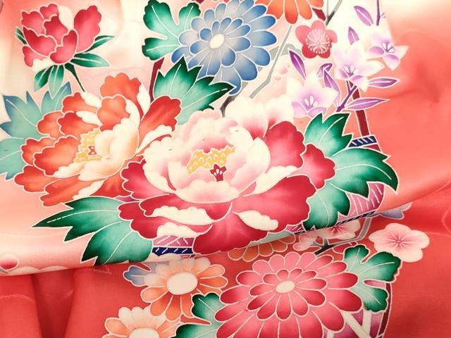 平和屋着物[]七五三　女の子　３歳　祝着　一つ身　花籠尾長鳥文　暈し染め　正絹　逸品　AABK9205ja