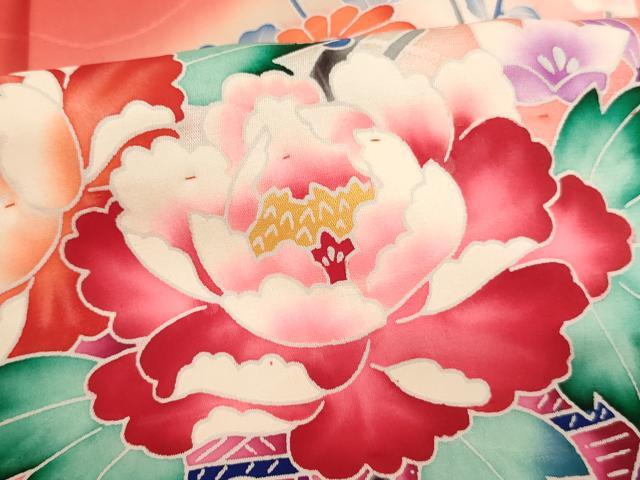平和屋着物[]七五三　女の子　３歳　祝着　一つ身　花籠尾長鳥文　暈し染め　正絹　逸品　AABK9205ja