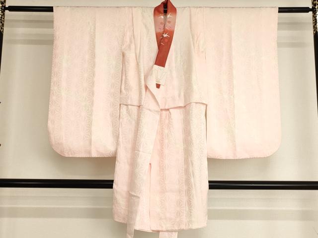 平和屋着物[]子供　女の子　長襦袢　袷　絞り　麻の葉地紋　薄桜色　半衿刺繍　正絹　逸品　AABK9207ja