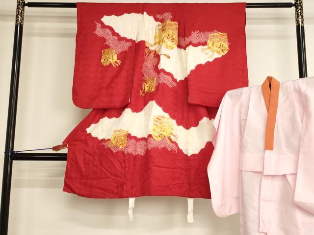 平和屋着物[]七五三　女の子　３歳　祝着　一つ身　長襦袢(袷)セット　絞り　駒刺繍　御所車文　逸品　AABK9208ja