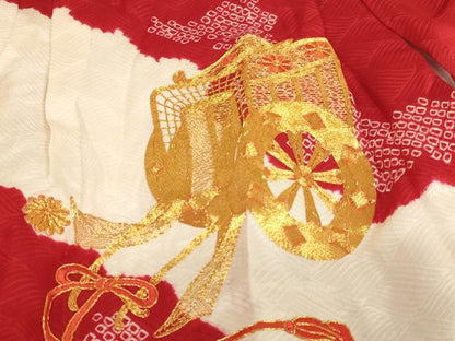 平和屋着物[]七五三　女の子　３歳　祝着　一つ身　長襦袢(袷)セット　絞り　駒刺繍　御所車文　逸品　AABK9208ja