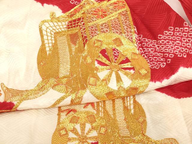 平和屋着物[]七五三　女の子　３歳　祝着　一つ身　長襦袢(袷)セット　絞り　駒刺繍　御所車文　逸品　AABK9208ja