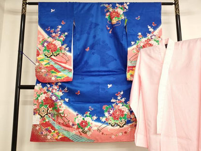 平和屋着物[]七五三　女の子　７歳　祝着　四つ身　長襦袢(単衣)セット　花車文　金彩　逸品　未使用　AABK9209ja