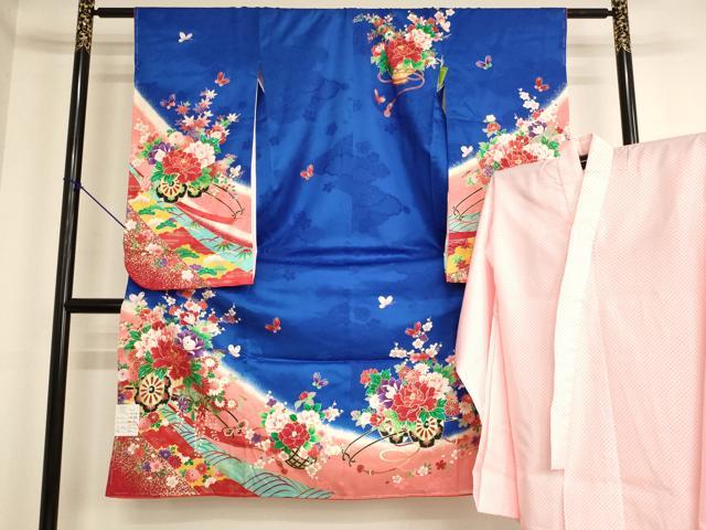 平和屋着物[]七五三　女の子　７歳　祝着　四つ身　長襦袢(単衣)セット　花車文　金彩　逸品　未使用　AABK9209ja