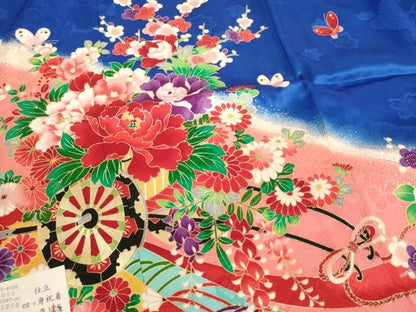 平和屋着物[]七五三　女の子　７歳　祝着　四つ身　長襦袢(単衣)セット　花車文　金彩　逸品　未使用　AABK9209ja