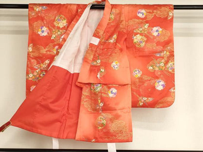 平和屋着物[]七五三 女の子 ３歳 祝着 三つ身 長襦袢(無双仕立て・半衿刺繍)・被布セット 飛鶴花丸文 暈し染め 金彩 逸品 AABK9213ja