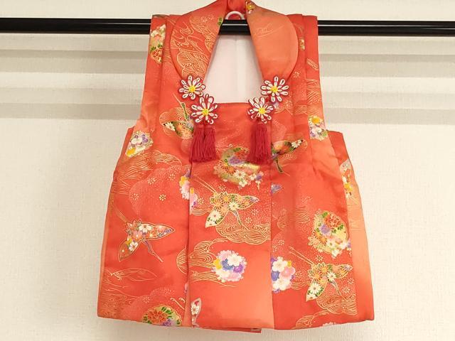 平和屋着物[]七五三 女の子 ３歳 祝着 三つ身 長襦袢(無双仕立て・半衿刺繍)・被布セット 飛鶴花丸文 暈し染め 金彩 逸品 AABK9213ja