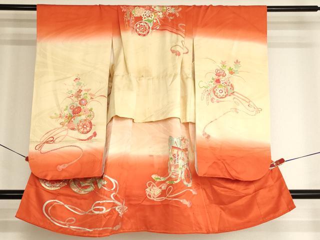 平和屋着物[]七五三　女の子　３歳　祝着　三つ身　駒刺繍　御所車文　暈し染め　金彩　正絹　逸品　AABK9215ja