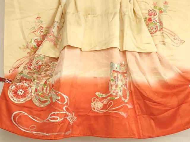 平和屋着物[]七五三　女の子　３歳　祝着　三つ身　駒刺繍　御所車文　暈し染め　金彩　正絹　逸品　AABK9215ja
