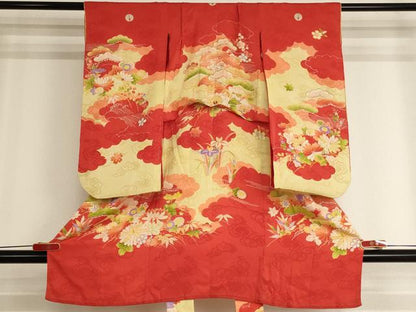 平和屋着物[]アンティーク　大正ロマン　七五三　女の子　３歳　祝着　三つ身　駒刺繍　風景草花文　正絹　逸品　AABK9222ja