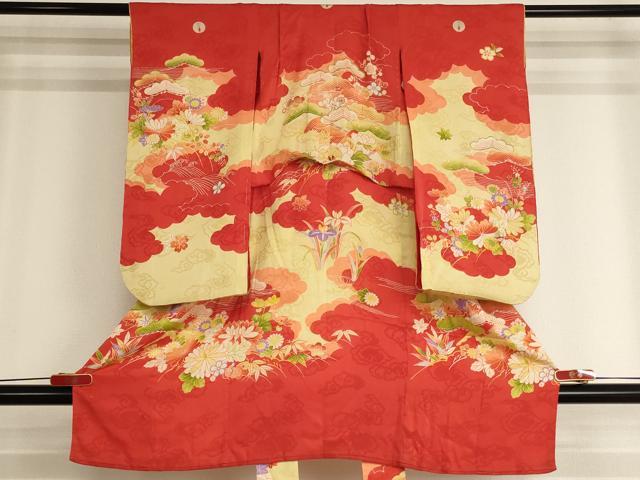 平和屋着物[]アンティーク　大正ロマン　七五三　女の子　３歳　祝着　三つ身　駒刺繍　風景草花文　正絹　逸品　AABK9222ja