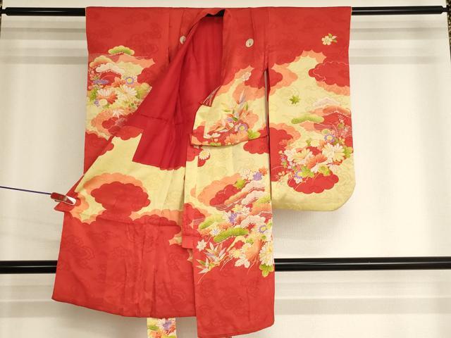 平和屋着物[]アンティーク　大正ロマン　七五三　女の子　３歳　祝着　三つ身　駒刺繍　風景草花文　正絹　逸品　AABK9222ja