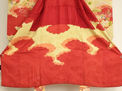 平和屋着物[]アンティーク　大正ロマン　七五三　女の子　３歳　祝着　三つ身　駒刺繍　風景草花文　正絹　逸品　AABK9222ja