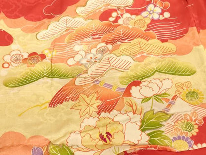 平和屋着物[]アンティーク　大正ロマン　七五三　女の子　３歳　祝着　三つ身　駒刺繍　風景草花文　正絹　逸品　AABK9222ja