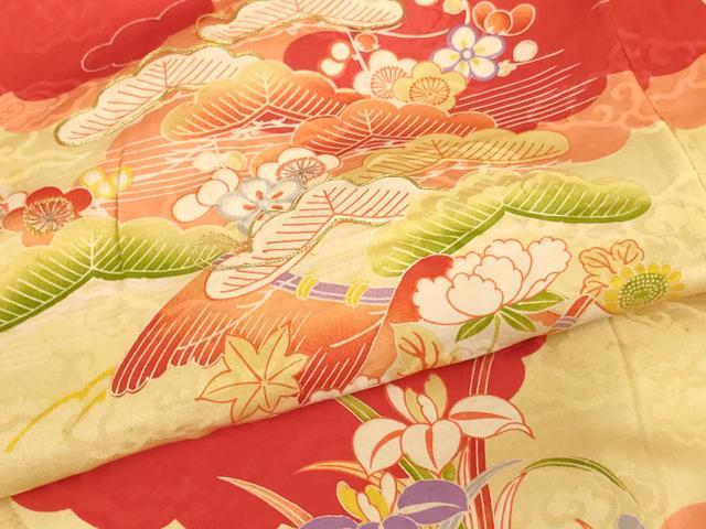 平和屋着物[]アンティーク　大正ロマン　七五三　女の子　３歳　祝着　三つ身　駒刺繍　風景草花文　正絹　逸品　AABK9222ja
