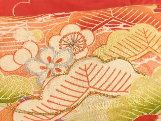 平和屋着物[]アンティーク　大正ロマン　七五三　女の子　３歳　祝着　三つ身　駒刺繍　風景草花文　正絹　逸品　AABK9222ja