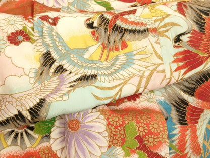平和屋着物[]七五三　女の子　３歳　祝着　三つ身　飛鶴花車文　金彩　正絹　逸品　AABK9232ja