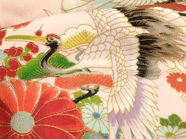平和屋着物[]七五三　女の子　３歳　祝着　三つ身　飛鶴花車文　金彩　正絹　逸品　AABK9232ja