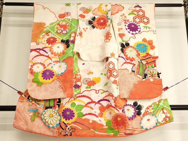 平和屋着物[]七五三　女の子　３歳　祝着　三つ身　刺繍　御所車花文　金糸　金彩　正絹　逸品　AABK9233ja