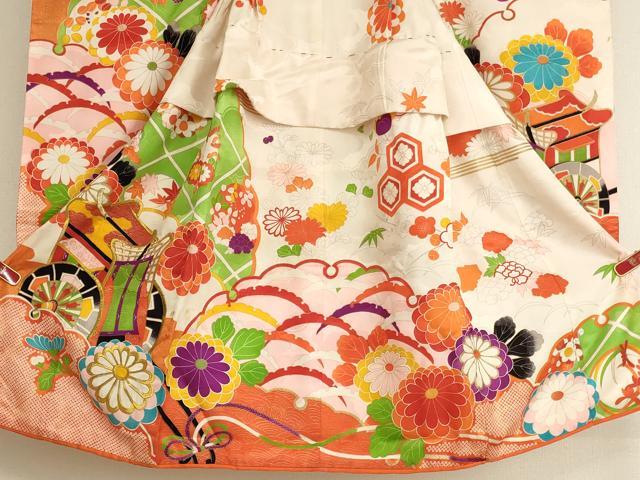 平和屋着物[]七五三　女の子　３歳　祝着　三つ身　刺繍　御所車花文　金糸　金彩　正絹　逸品　AABK9233ja