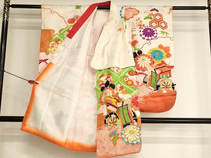 平和屋着物[]七五三　女の子　３歳　祝着　三つ身　刺繍　御所車花文　金糸　金彩　正絹　逸品　AABK9233ja