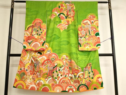 平和屋着物[]七五三　女の子　７歳　祝着　四つ身　駒刺繍　御所車青海波　金彩　正絹　逸品　AABK9234ja