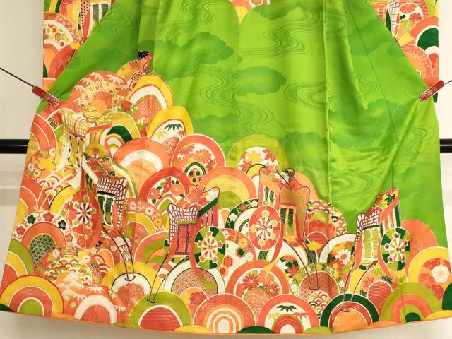 平和屋着物[]七五三　女の子　７歳　祝着　四つ身　駒刺繍　御所車青海波　金彩　正絹　逸品　AABK9234ja