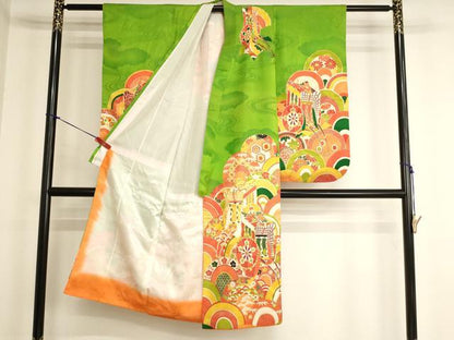 平和屋着物[]七五三　女の子　７歳　祝着　四つ身　駒刺繍　御所車青海波　金彩　正絹　逸品　AABK9234ja