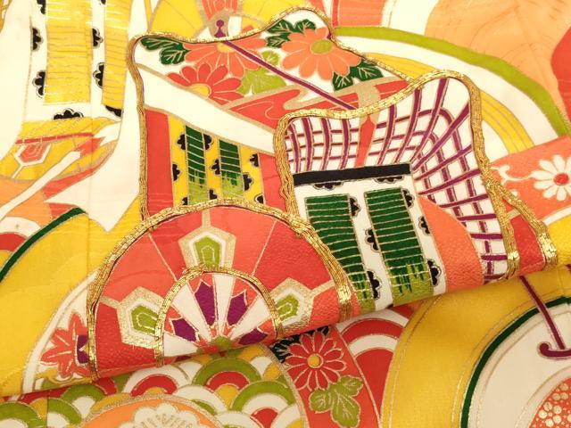 平和屋着物[]七五三　女の子　７歳　祝着　四つ身　駒刺繍　御所車青海波　金彩　正絹　逸品　AABK9234ja