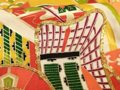 平和屋着物[]七五三　女の子　７歳　祝着　四つ身　駒刺繍　御所車青海波　金彩　正絹　逸品　AABK9234ja