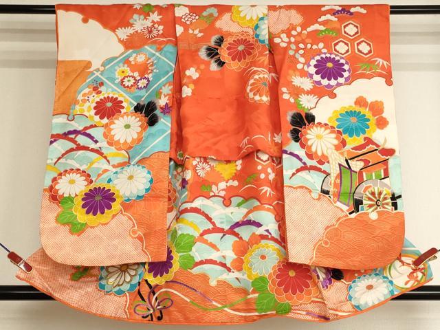 平和屋着物[]七五三　女の子　３歳　祝着　三つ身　刺繍　御所車花文　金糸　金彩　洗える着物　AABK9235ja