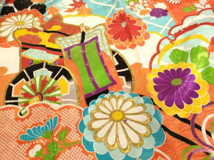 平和屋着物[]七五三　女の子　３歳　祝着　三つ身　刺繍　御所車花文　金糸　金彩　洗える着物　AABK9235ja