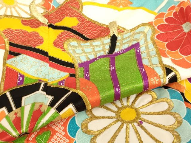 平和屋着物[]七五三　女の子　３歳　祝着　三つ身　刺繍　御所車花文　金糸　金彩　洗える着物　AABK9235ja