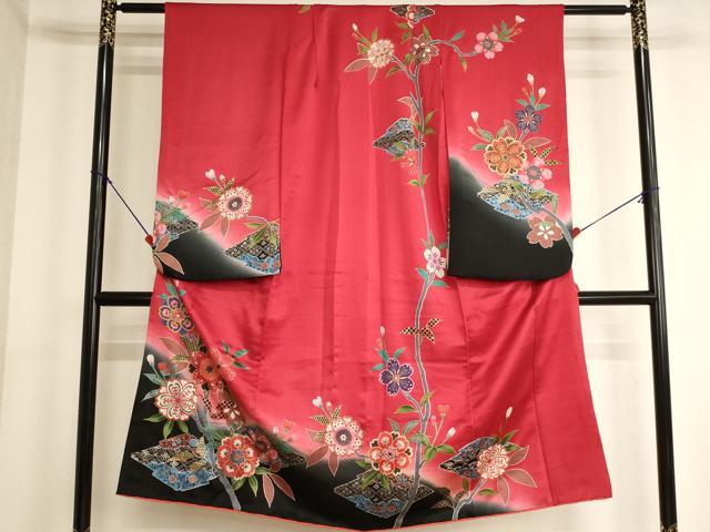 平和屋着物[]七五三　女の子　７歳　祝着　四つ身　枝桜文　暈し染め　金彩　正絹　逸品　AABK9237ja