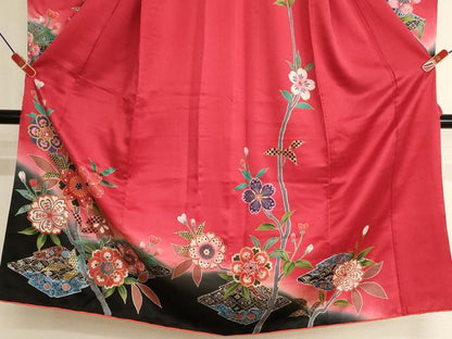 平和屋着物[]七五三　女の子　７歳　祝着　四つ身　枝桜文　暈し染め　金彩　正絹　逸品　AABK9237ja