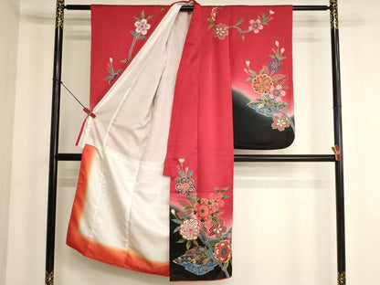 平和屋着物[]七五三　女の子　７歳　祝着　四つ身　枝桜文　暈し染め　金彩　正絹　逸品　AABK9237ja