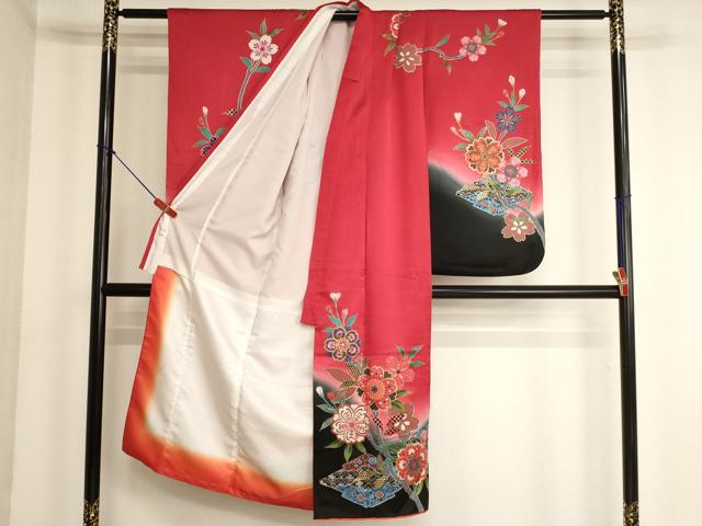 平和屋着物[]七五三　女の子　７歳　祝着　四つ身　枝桜文　暈し染め　金彩　正絹　逸品　AABK9237ja