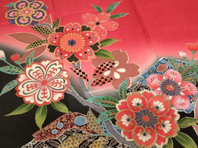 平和屋着物[]七五三　女の子　７歳　祝着　四つ身　枝桜文　暈し染め　金彩　正絹　逸品　AABK9237ja